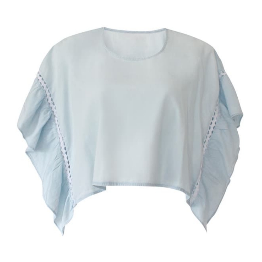 BCBGeneration Top Cropped Ruffled Short Sleeve White Eyelet Chambray Blue L NWT - Picture 3 of 16